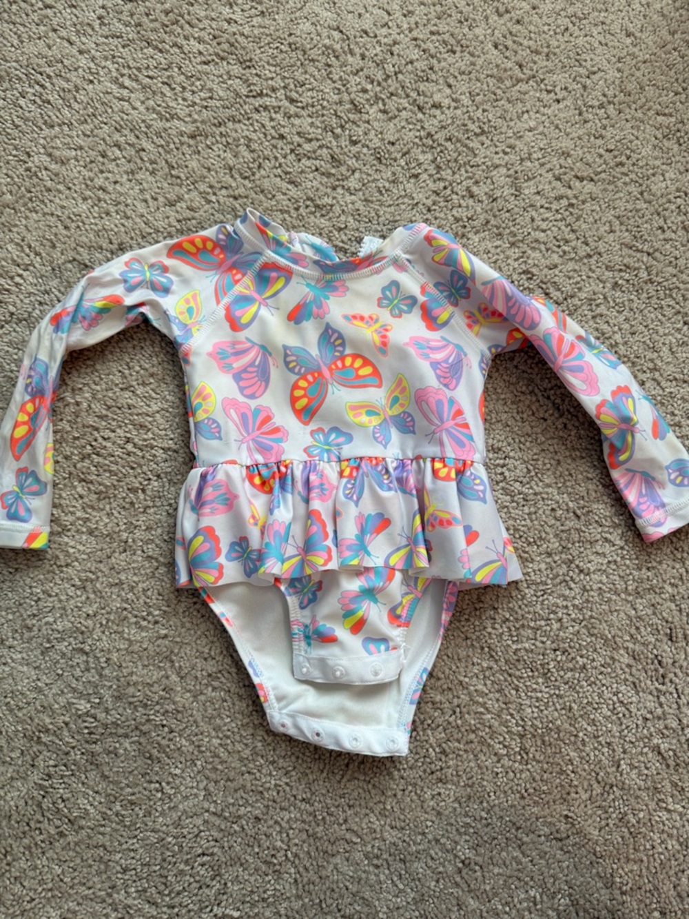 Kids Long-Sleeve One-Piece Swimsuit with Butterfly Print - White/Multi